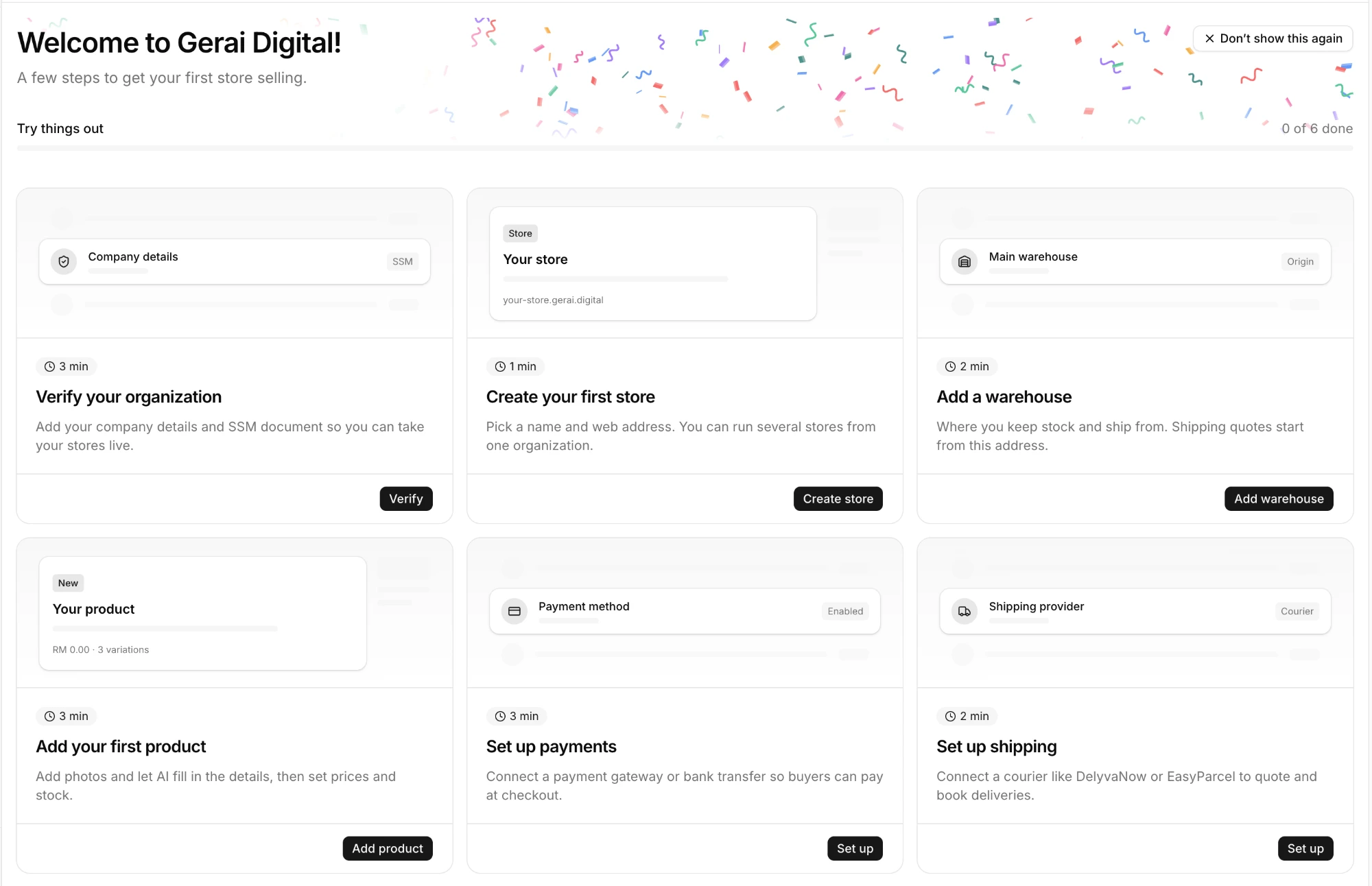 The Get Started guide: six cards, from verifying your organization to setting up shipping